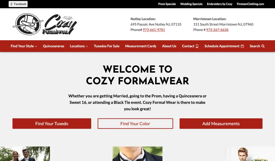 The Cozy Tux homepage showing the tuxedo and suit catalog