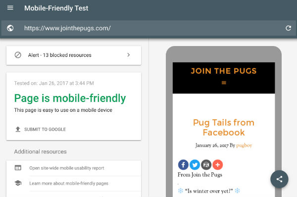 Google mobile friendly test site