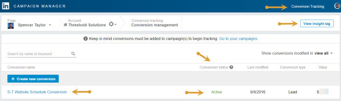 Linkedin conversion tracking add to campaign and check insight tag