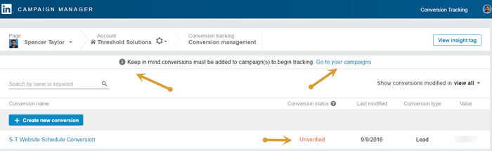 LinkedIn Conversion tracking before campaign setup