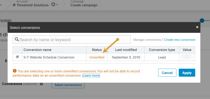 Linkedin conversion tracking unverified tag