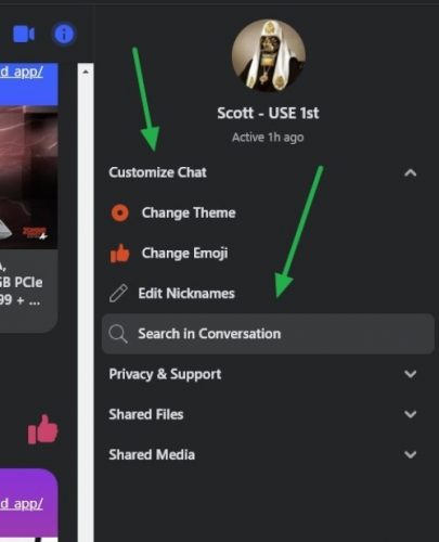 Select customize chat to display the search in conversation dialog